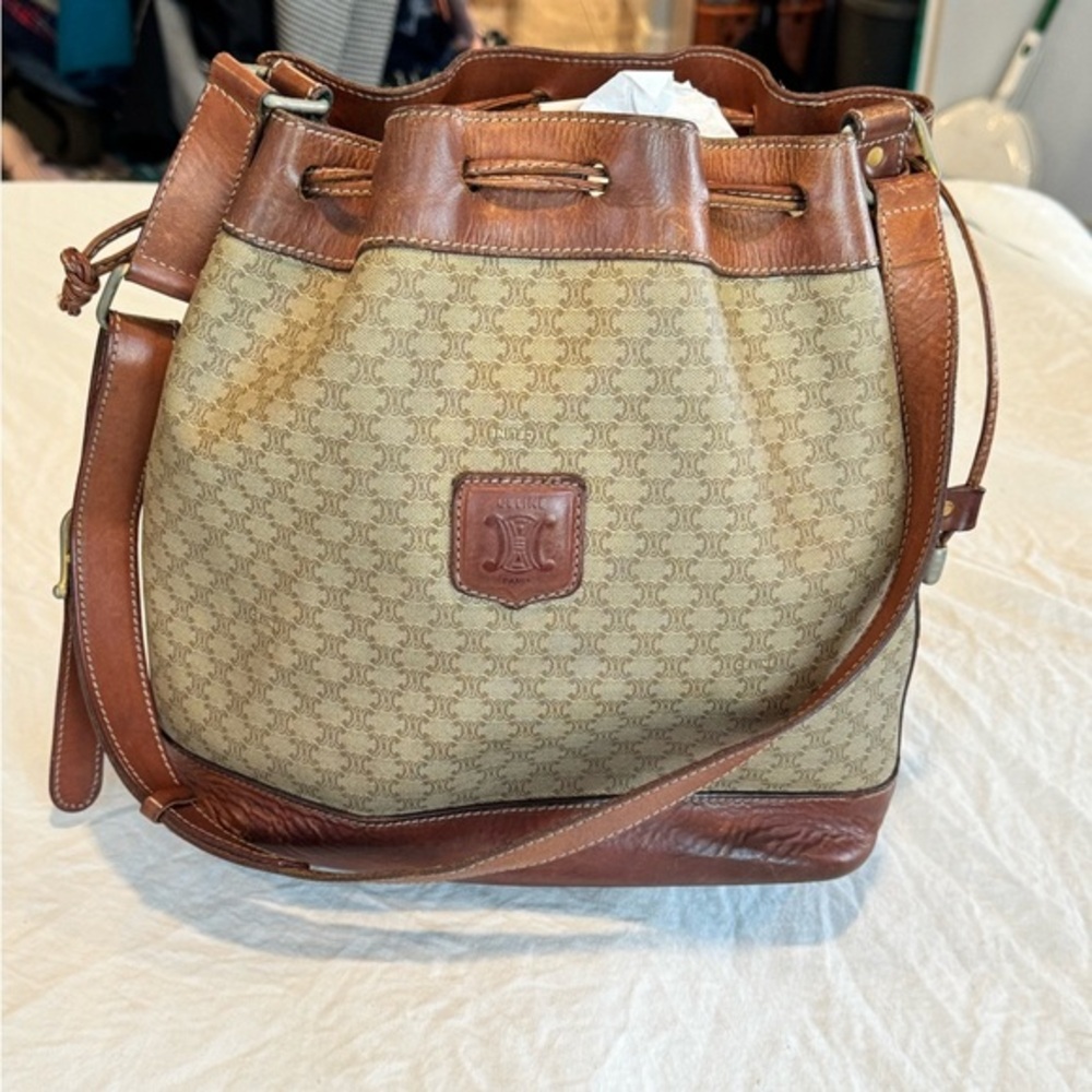 Celine Beige Canvas and Brown Leather Drawstring Shoulder Bag